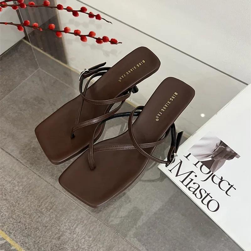 Summer Narrow Band Heel Sandals Women Low Heels Ankle Strap Fashion Square Toe Ladies Dress Sandalias Women's Flip