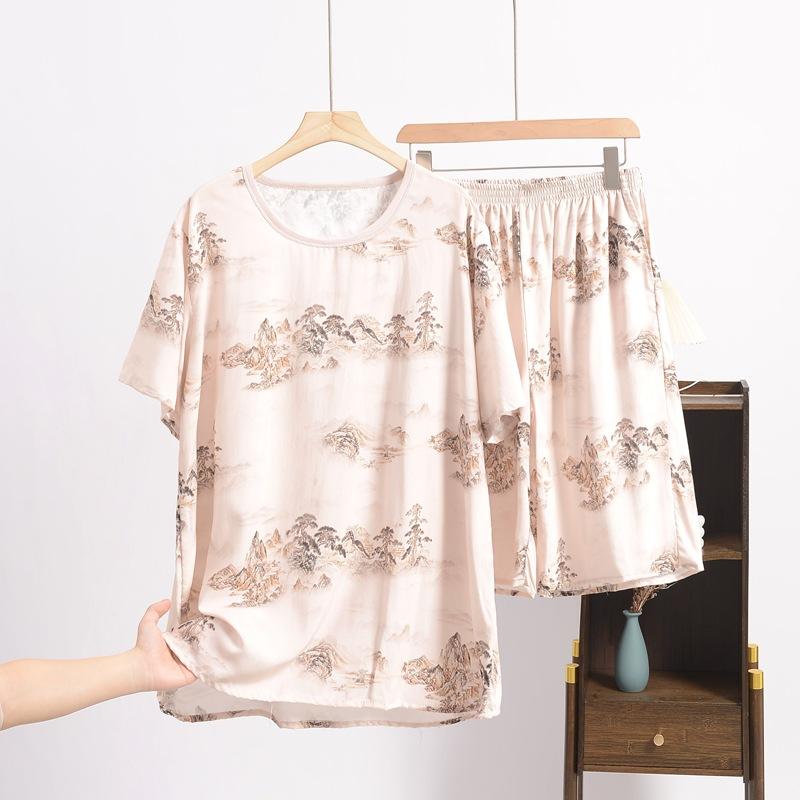 Summer Men's Cotton and Silk Pajamas, Short-sleeved, Large-sized Loose Casual Printed Home Wear, Can Be Worn As An Outer Suit