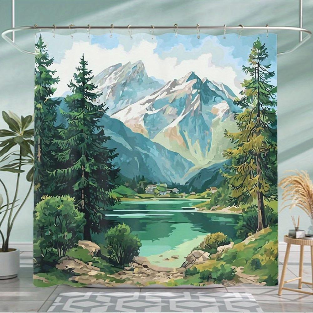 

Watercolor Mountain Lake Illustration Shower Curtain 1Pc With 12 Hooks For Bathroom Home Decor Polyester 70.8X70.8 Inch W60H190(CM)-1 Pcs