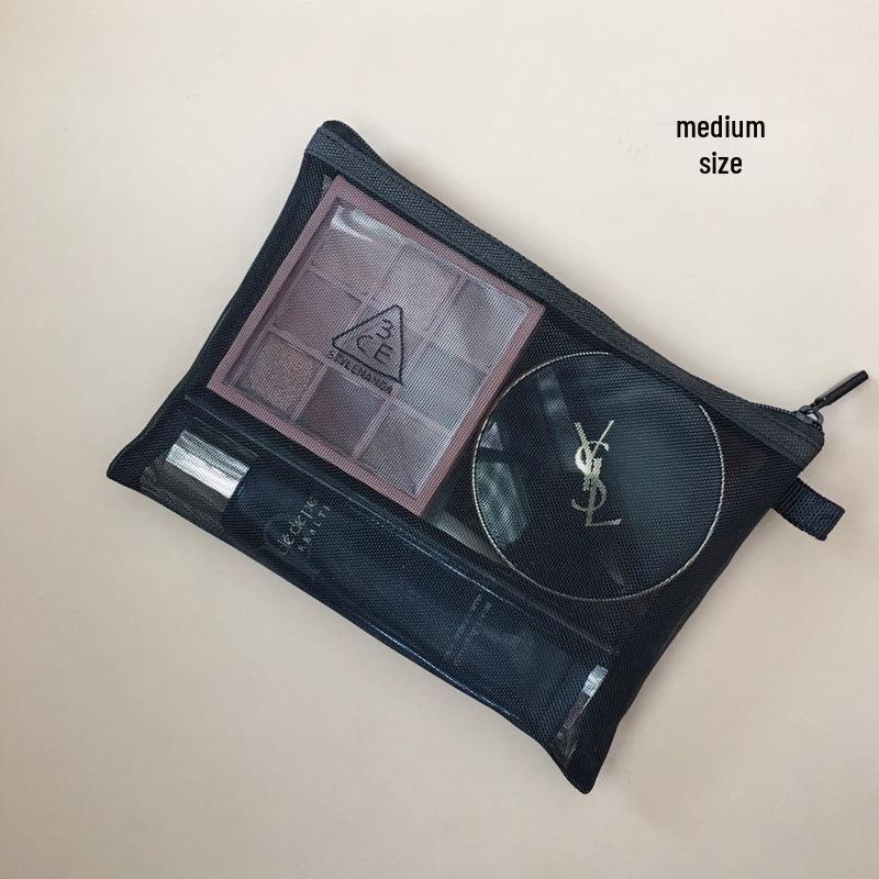 Black Mesh Makeup Bag Set: Side-Opening, Portable Lipstick & Touch-Up Storage In Large, Medium, Small Sizes