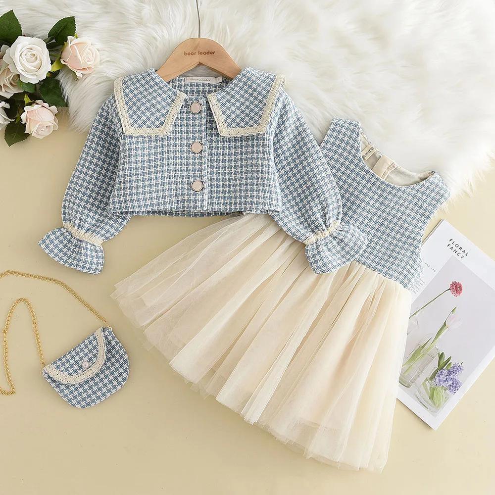Girls Clothes Spring Autumn New Girls Plaid Vest Dress Retro Outwear Coat 3 Pcs Fashion Baby Party Outfits