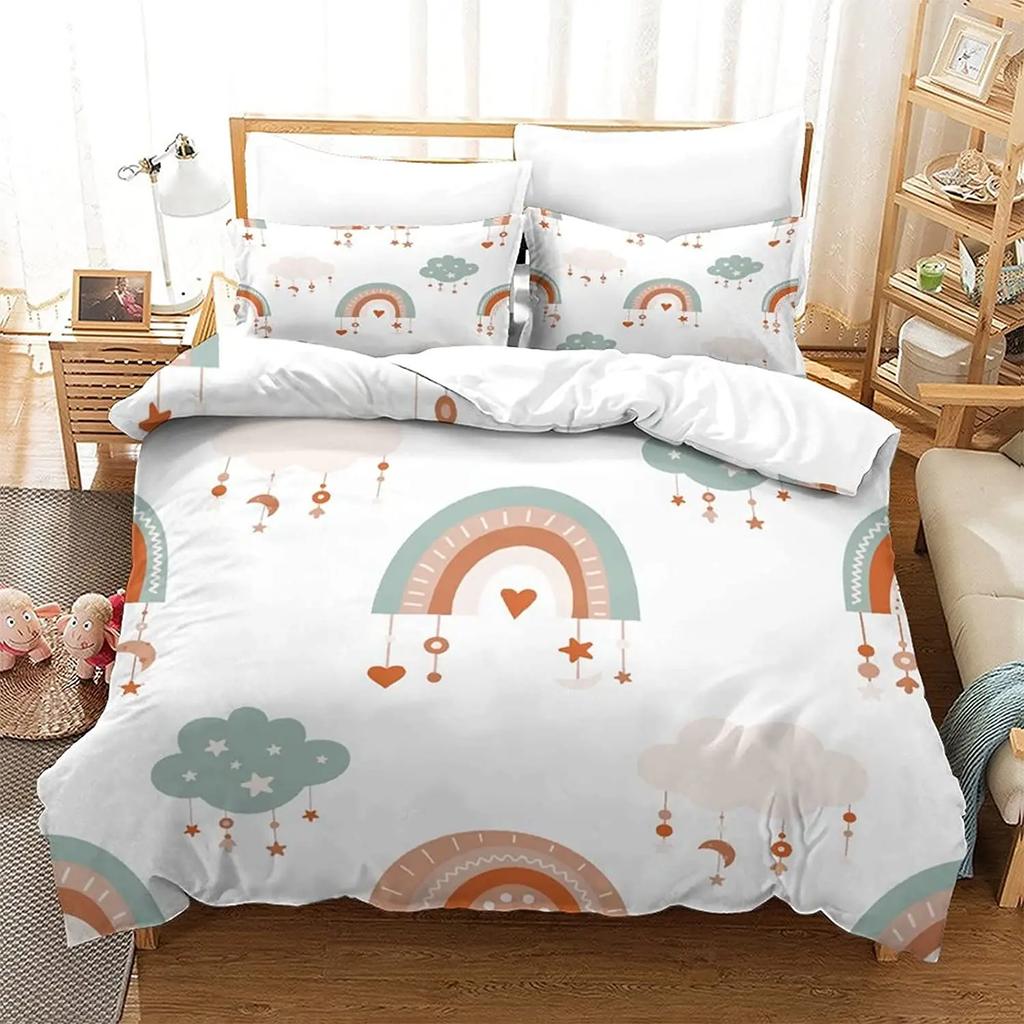 Comforter Rainbow Heart Love Bedding Set Microfiber Colorful Rainbow Clouds Comforter Twin King Size For Kids Girls