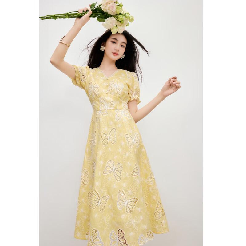 V-Neck Ruffle Puff Sleeve A-Line Dress M