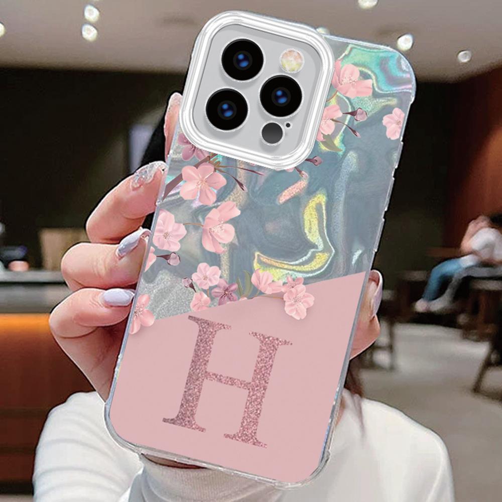

Initial Letter A Z Case For Apple iphone 15 16 14 13 Pro Max 16plus 15plus 14plus Cover Pink Flowers Silicone Back Fundas Bumper iPhone 16