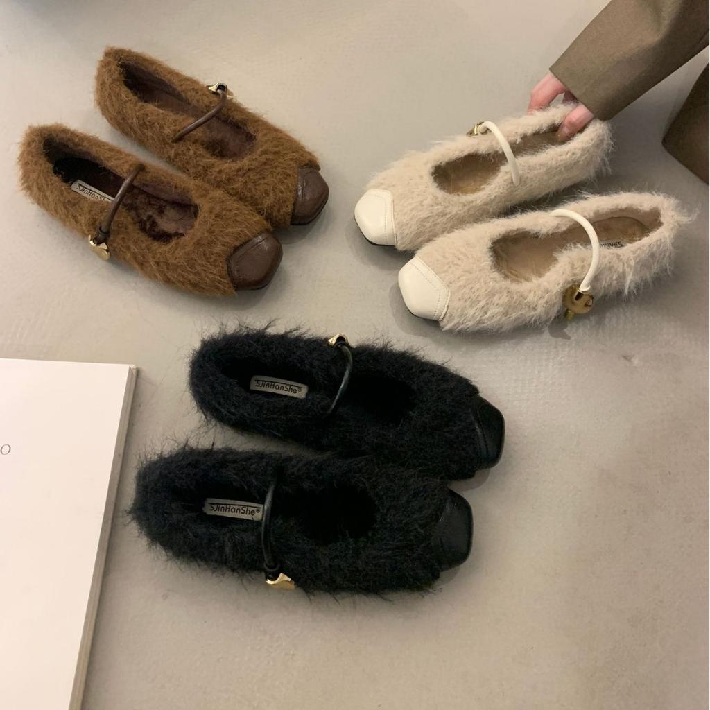 2025 autumn and winter new round head one-word buckle Mao Mao thick-soled foot cover velvet warm women's cotton shoes