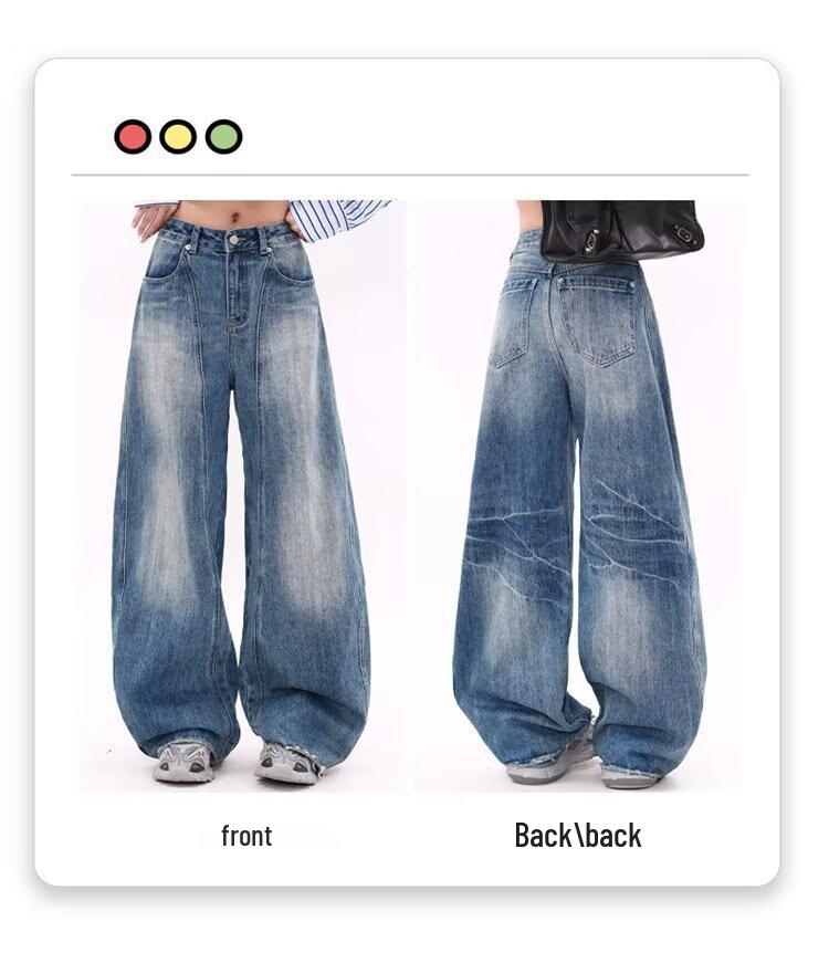 Women's Retro Blue High Waist Wide Leg Jeans - Spring Straight Floor-Length Trousers