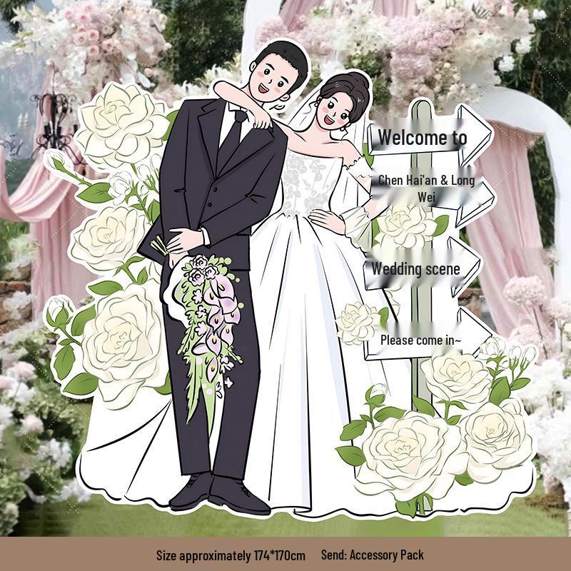 Welcome Sign Wedding Standee: Hand-Painted Cartoon Figure Poster Board for Event Decoration