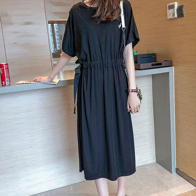 Korean Style Summer Plus Size T-Shirt Dress with Tie Waist and Knee-Length Skirt