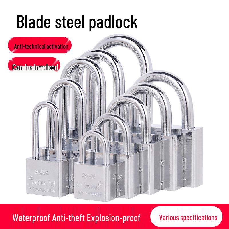 Blade-Shaped Stainless Steel Padlock, Square Head, 30mm, Ideal for Doors, Dorm Rooms, Cabinets, Long-Shank Anti-Theft Design.