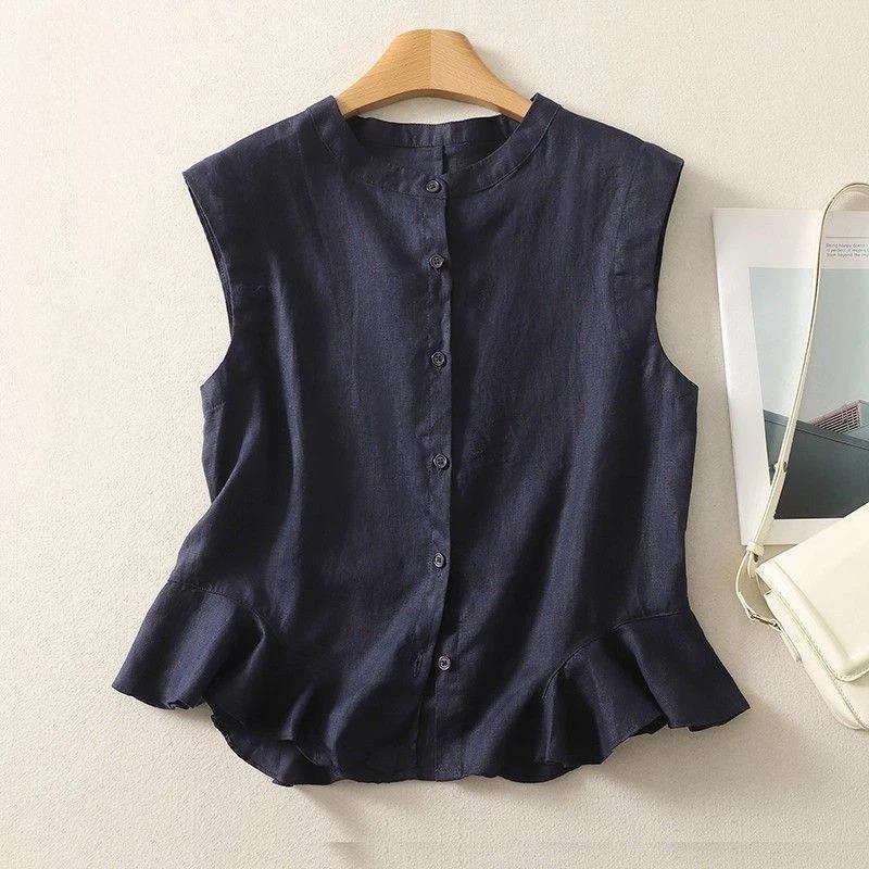 Yellow Stand Collar Sleeveless Ruffle Hem Linen Blouse for Women Casual Wear