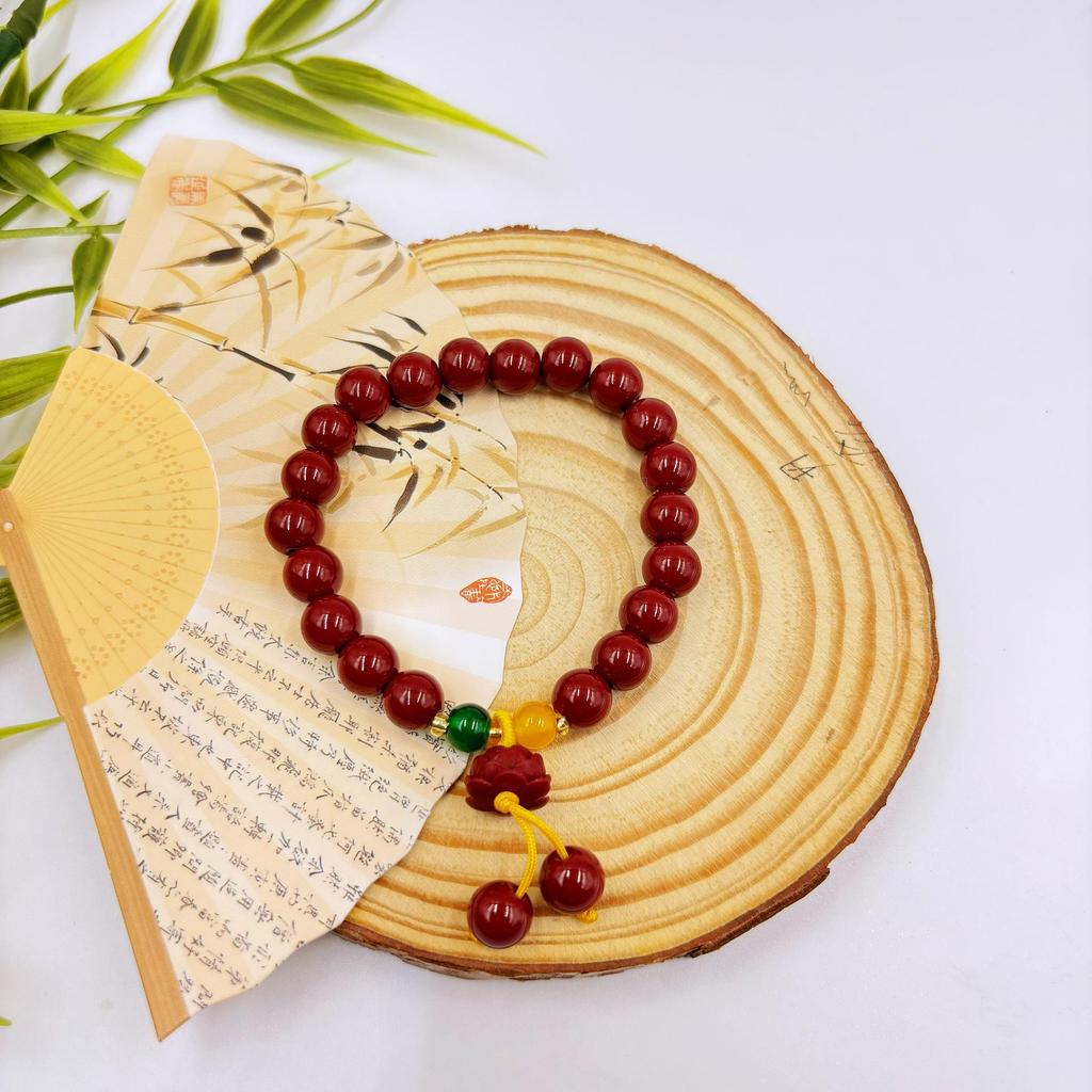 Nova Pulseira de Lótus Cinnabar de Estilo Chinês - Retrô, Versátil, Acessório de Mão da Moda para Transmissões ao Vivo e Pontos Turísticos