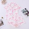 Bow Print Lapel Pajamas Set: Four-Season Loose Short Sleeve and Shorts for Women