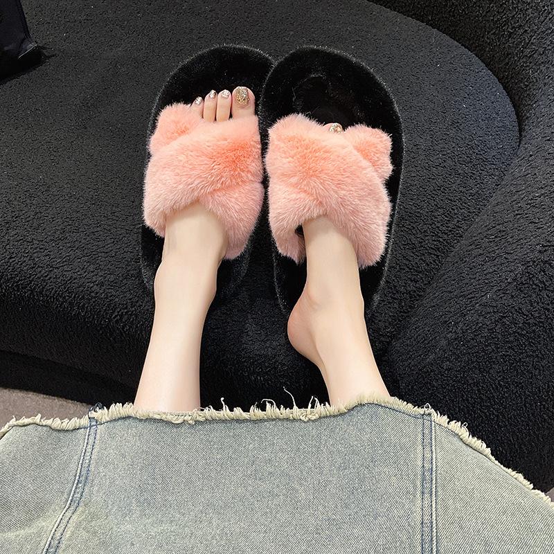 Large Size Thick Bottom Fluffy Slippers Women Wear Autumn and Winter 2025 New Cross Internet Celebrity Explosion Word Home Ins