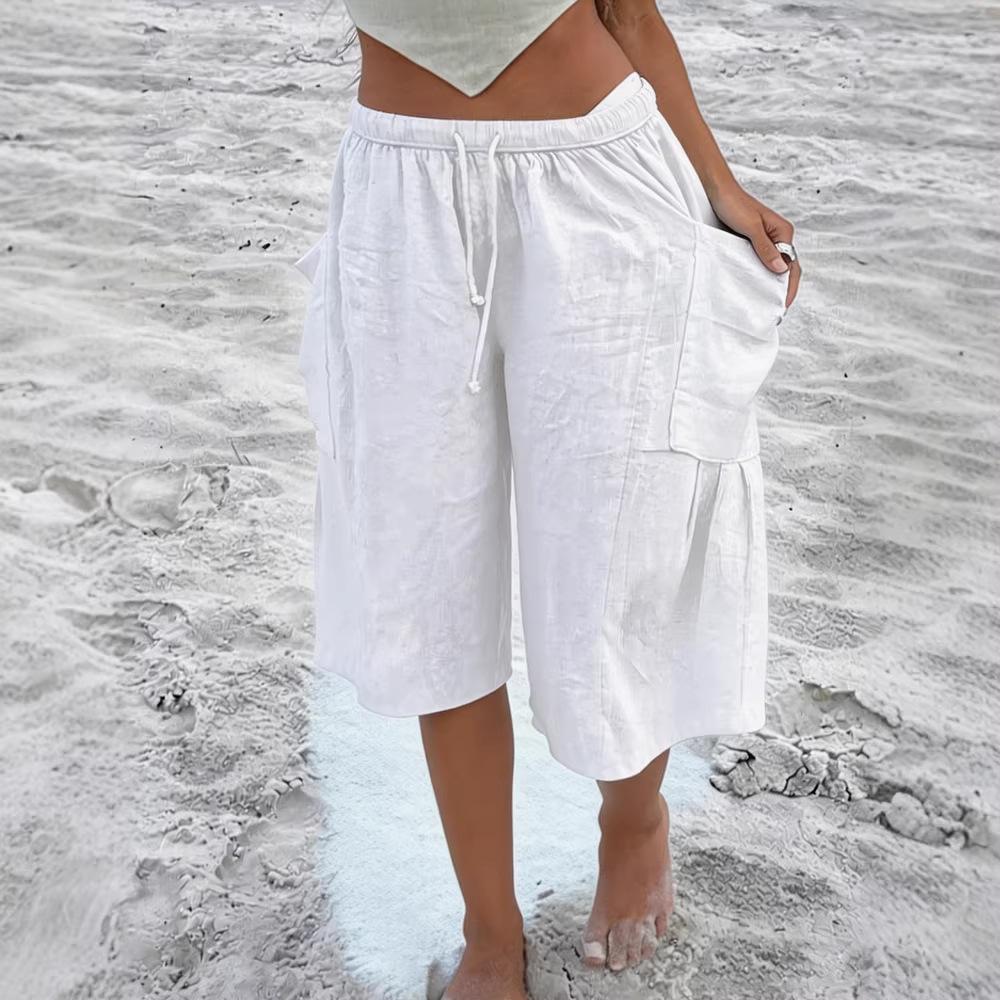 Summer Women's Linen Blend Drawstring Elastic Waist Wide Leg Knee Length Casual Shorts with Pockets