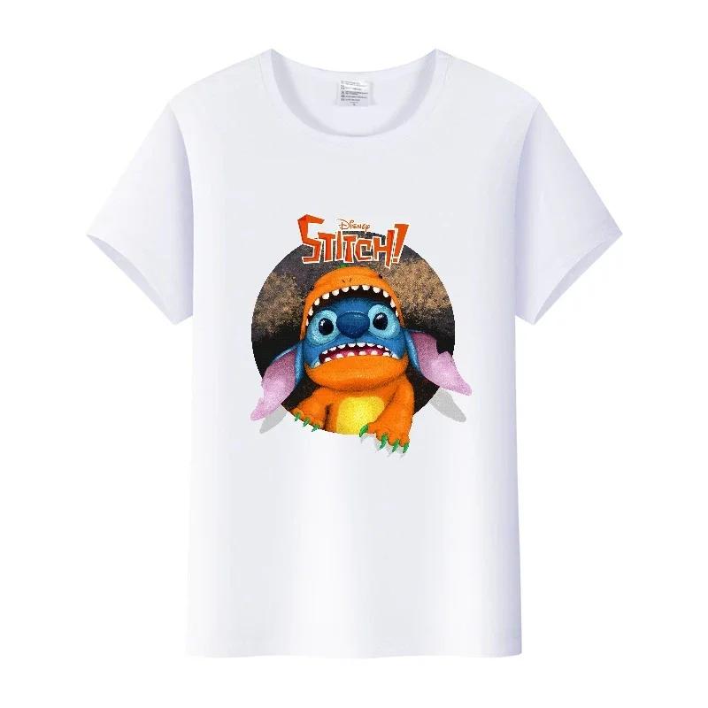 Kawaii Disney Cartoon Blouse Lilo Stitch Love Top Summer Short Sleeve 90S T-shirts White Shirt Kids Tees Woman Plus Size Clothes