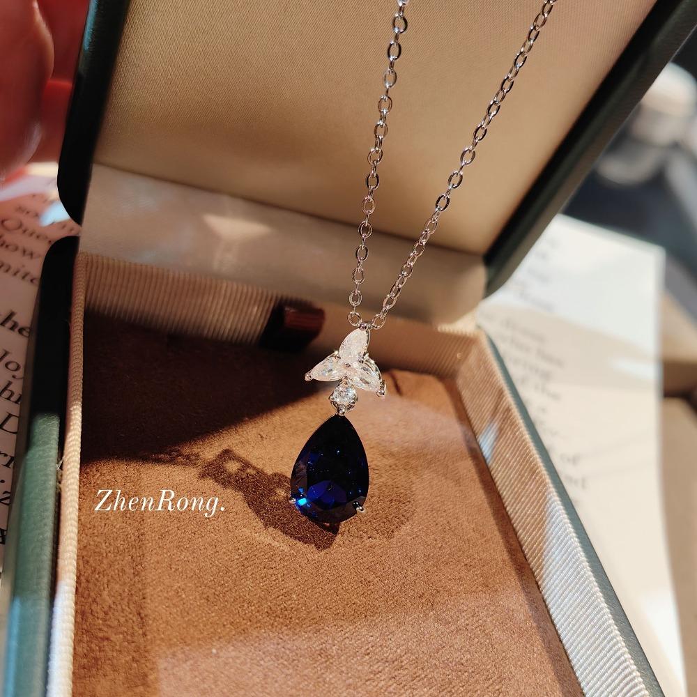 Elegant Necklace with Blue Spinel Pear Drop Pendant and Red Corundum Simple Design for Women