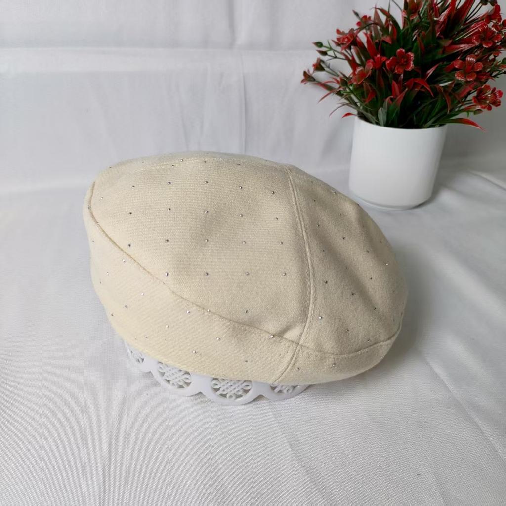 New Beret with Diamonds Female Sweet Temperament Painter's Hat Spring and Autumn Thin Face Small Beret Advanced Sense