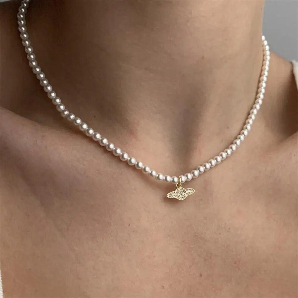 Y2K Jewelry Chain Vintage Crystal Zircon Planet Saturn Pearl Choker Necklace For Women Female Couple Saturn Pendants Necklace