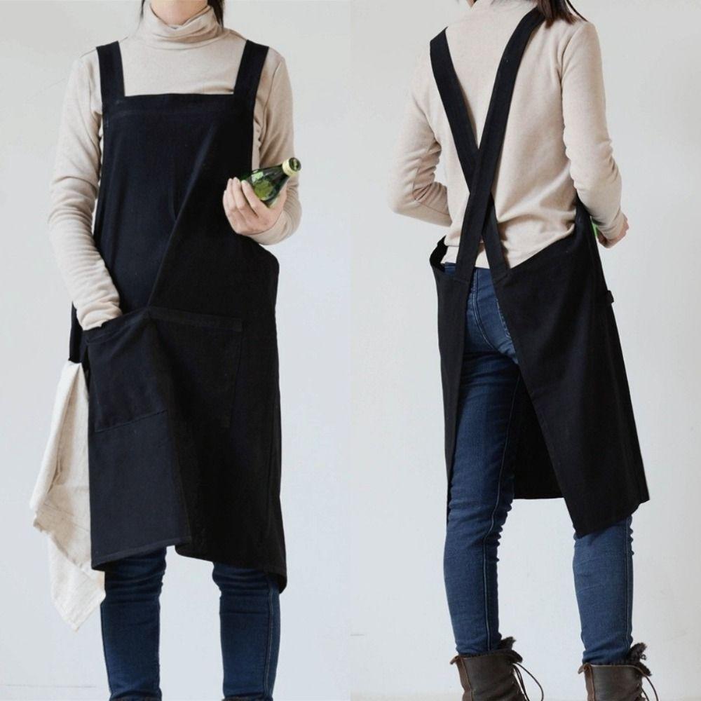 Cotton Japanese Minimalist Kitchen Apron Solid Color Unisex Work Clothes Pocket Apron  Coffee Shop