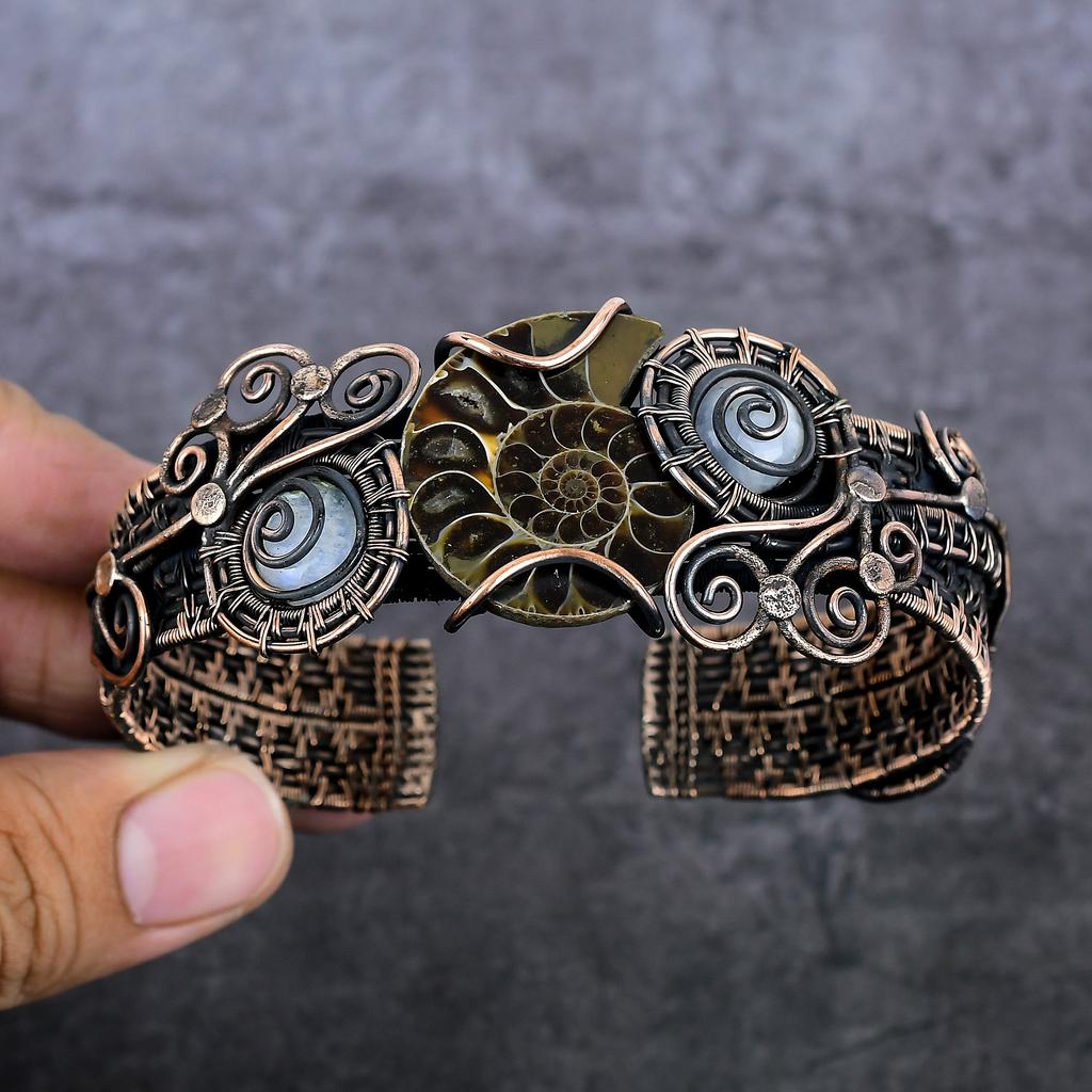 Ammonite Fossil Handmade Copper Wire Wrap Cuff Bangle Adjustable S8n70