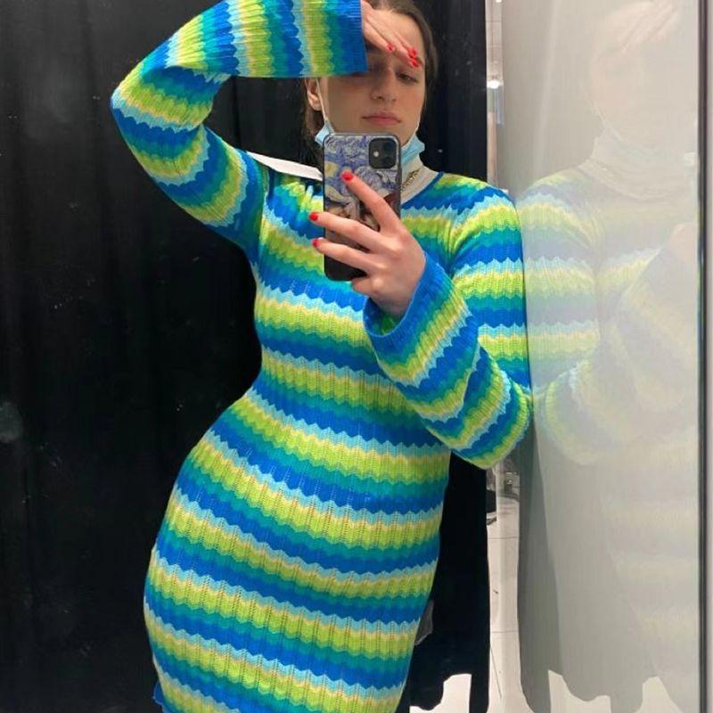

European and American Foreign Trade New Versitile Women clothes Contrast Color Stripe Sexy Hollow Lace-up Backless Knitted Sheath Dress Blue Stripe XL