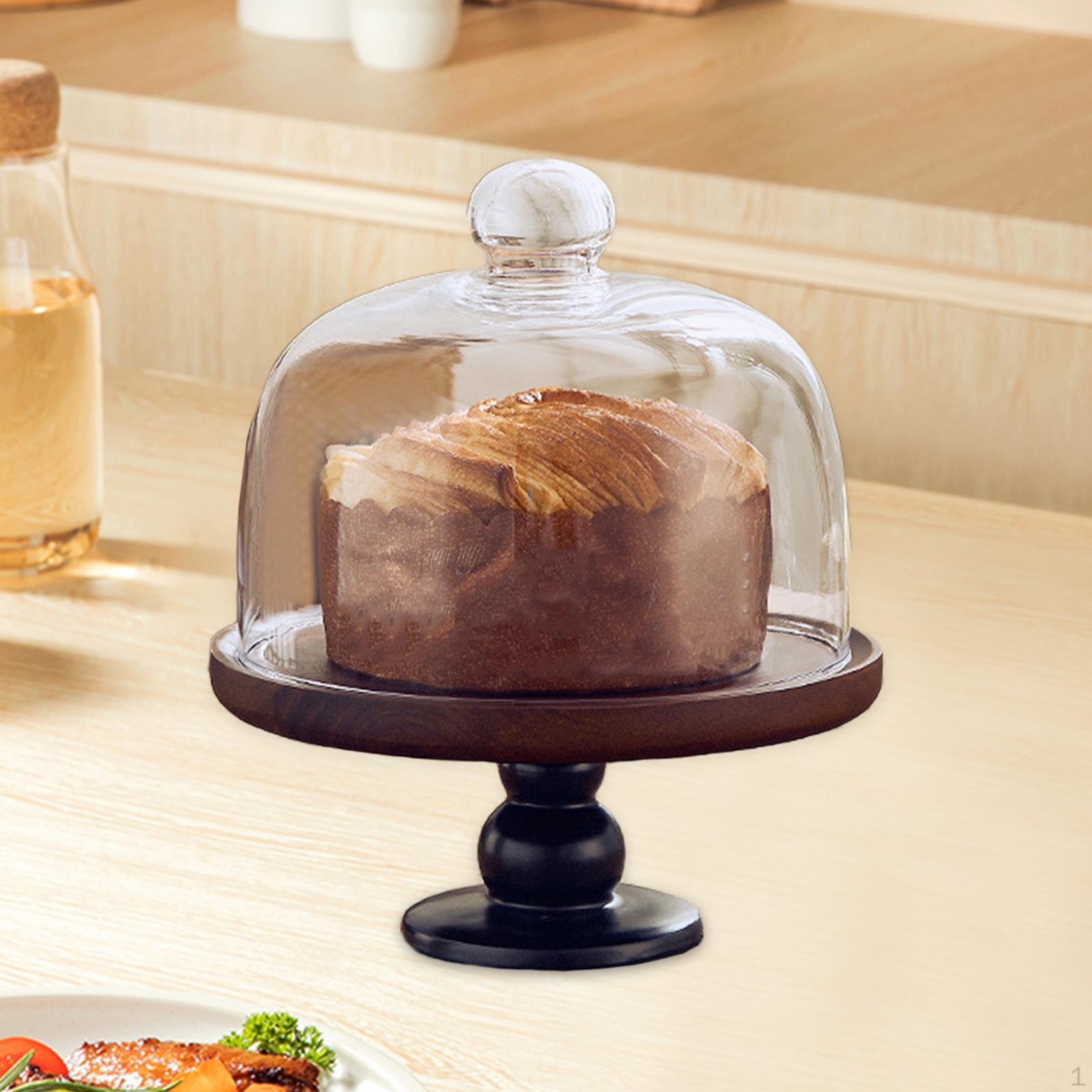 Elegant Wooden Cake Display Stand with Glass Dome Cover 9.8x9.5x23cm