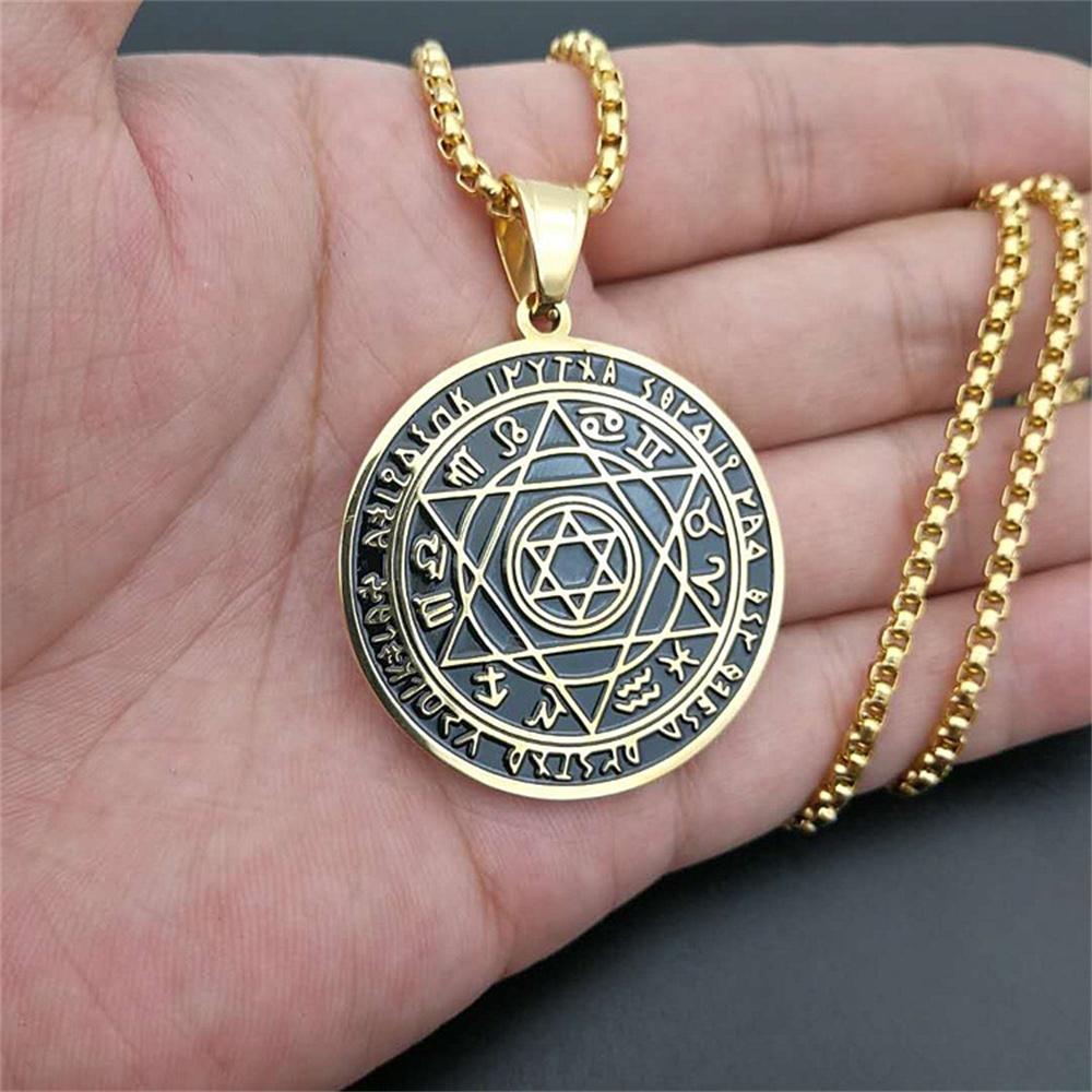 Punk Constellation Star of David Pendant Gold Color Stainless Steel Round Necklace For Men Women Zodiac Signs Jewelry Gifts
