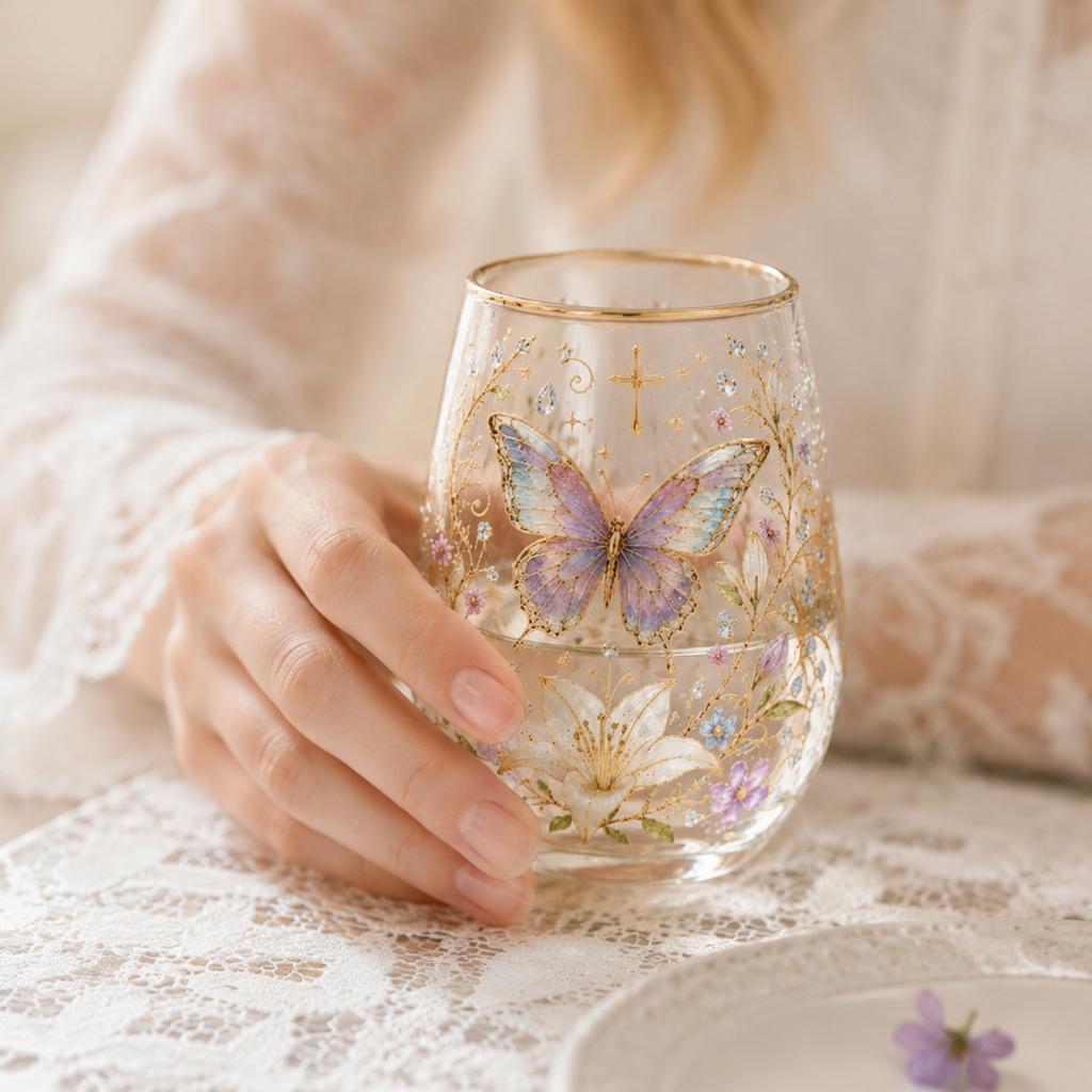 Butterfly and Floral Pattern Glass Cup with Gold Rim Decorative Stemless Tumbler for Water Juice Cocktails Wine 16oz