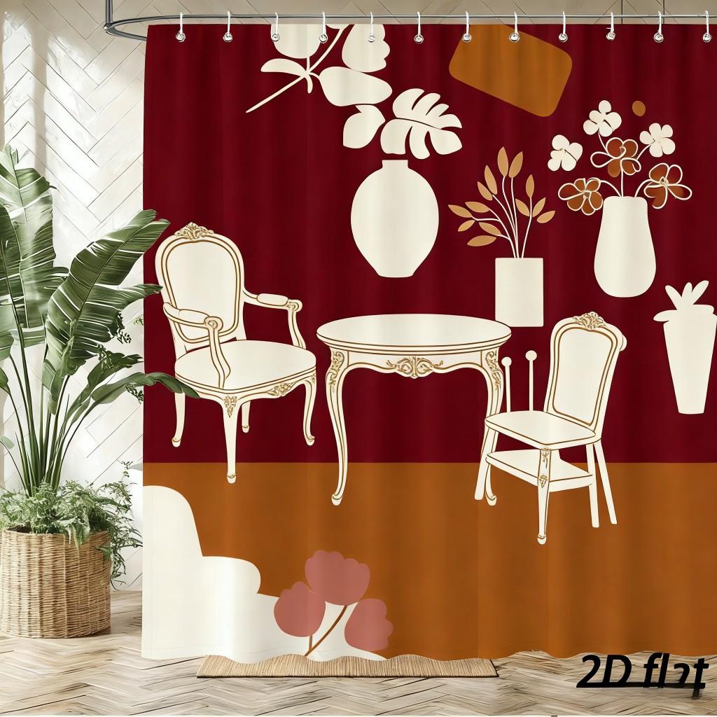 

Colorful 2D Art Home Decor Shower Curtain - Pink Furniture & Plants Collage Waterproof Bathroom Curtain W60H190(CM)-1 Pcs