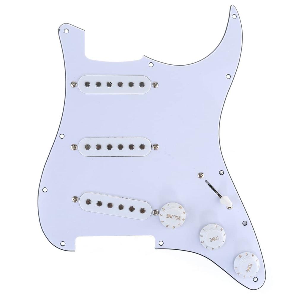 Musiclily Basic 11-Hole SSS Stratocaster Pre-Wired Pickguard with Ceramic Single-Coil Pickup Set for ST Strat Electric Guitar, White, 3-Piece Set