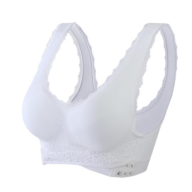 Plus Size Wirefree Sports Bra with Front Cross Buckle, Adjustable Support for Yoga & Running, Lace Trim 