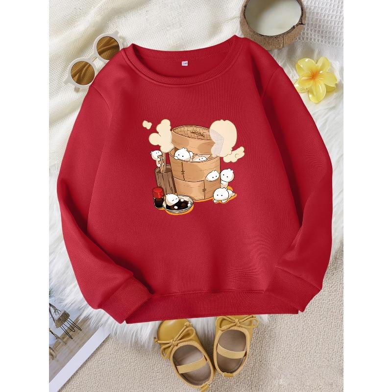 Fashion Girls' Round Neck Sweatshirt, Cute Steamed Bun Character Print Top, Playful Baozi Pattern Top, Steamed Bun In Steamer Character Print