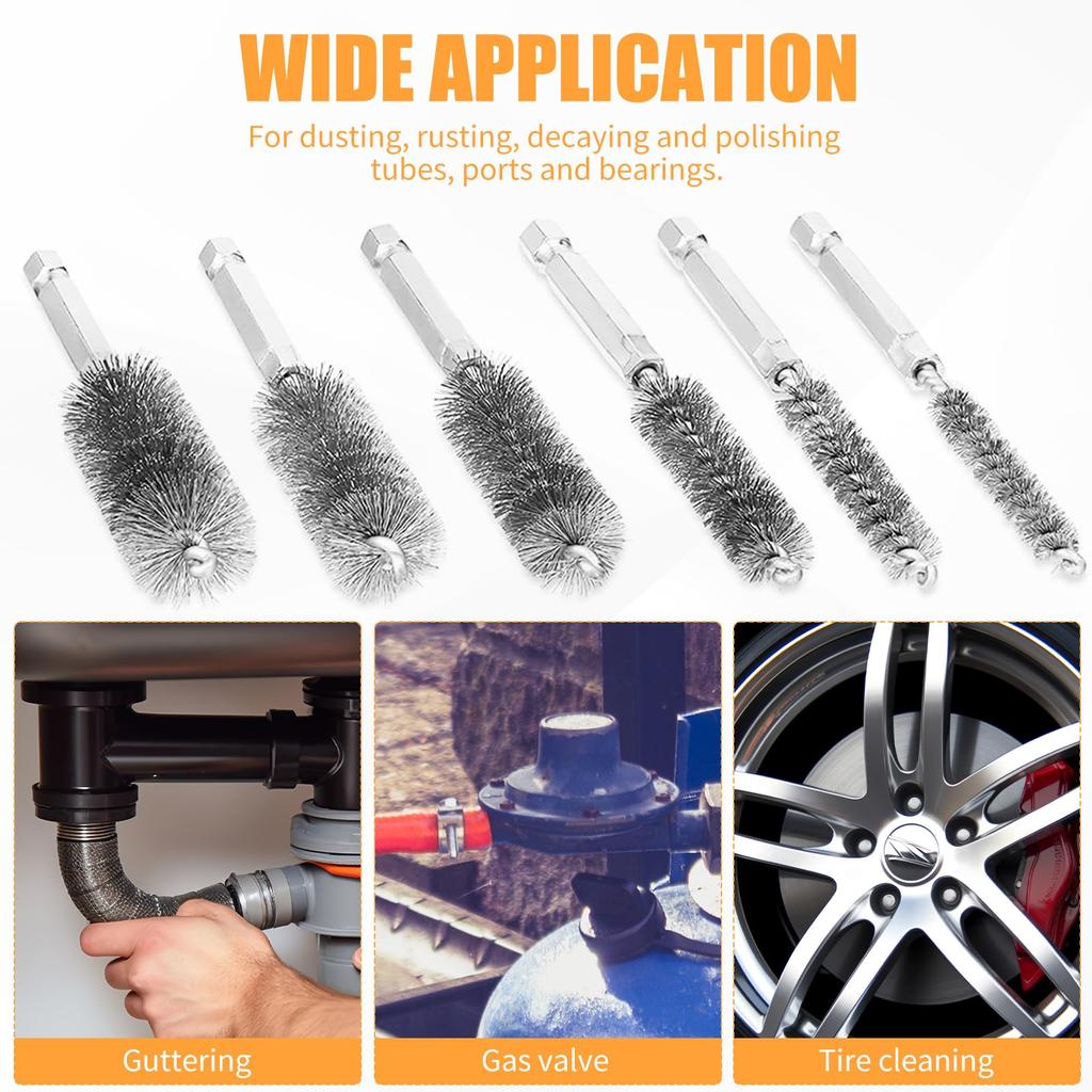 6PCS Stainless steel wire brush drilling and cleaning brush set, 1/4-inch hexagonal handle wire brush, pipe cleaning brush 8/10/12/15/17/19mm