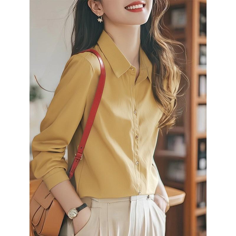 Womens Long Sleeve Cotton Shirt White Blue Pink Yellow Beige Camel Slim Fit Office Work Blouse Professional