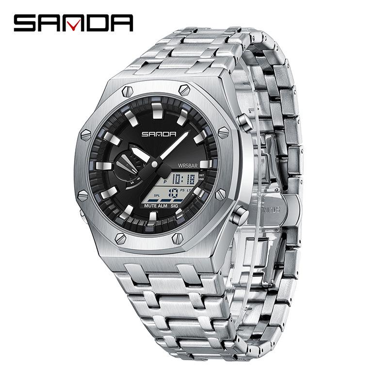 Sanda Octagonal Steel Band Multifunctional LED Light Watch for Men - TikTok Trendy Heartbeat Monitor Watch