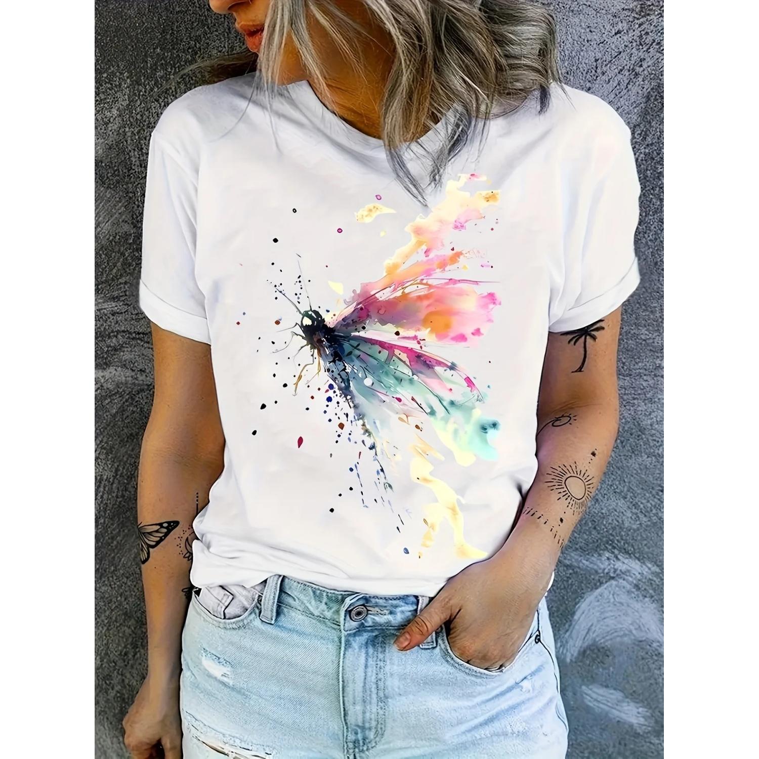 

Butterfly Print Crew Neck T-shirt, Casual Short Sleeve Top For Spring & Fall, Women s Clothing XXXXXL білий