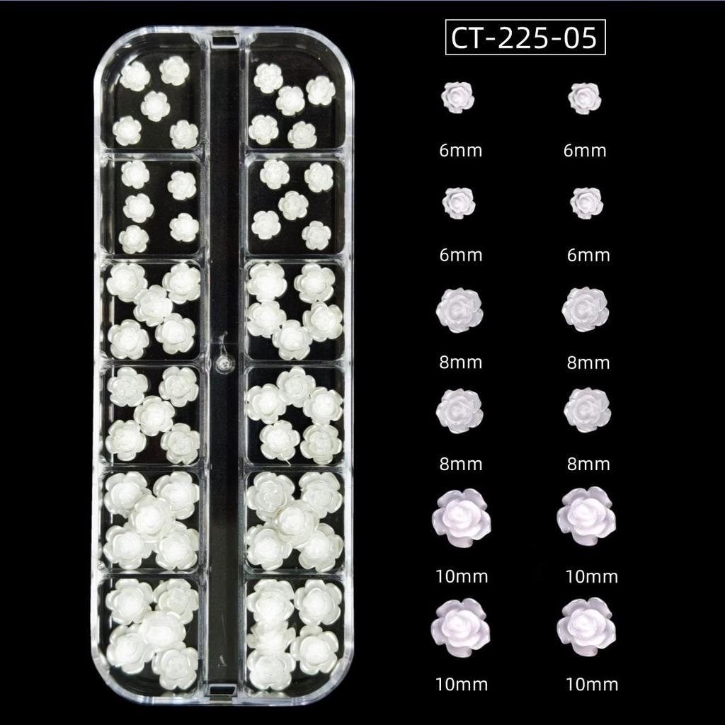 Camellia 3D Nail Art Set: Transparent Aurora, White Iridescent, and Rose Flower Decorations