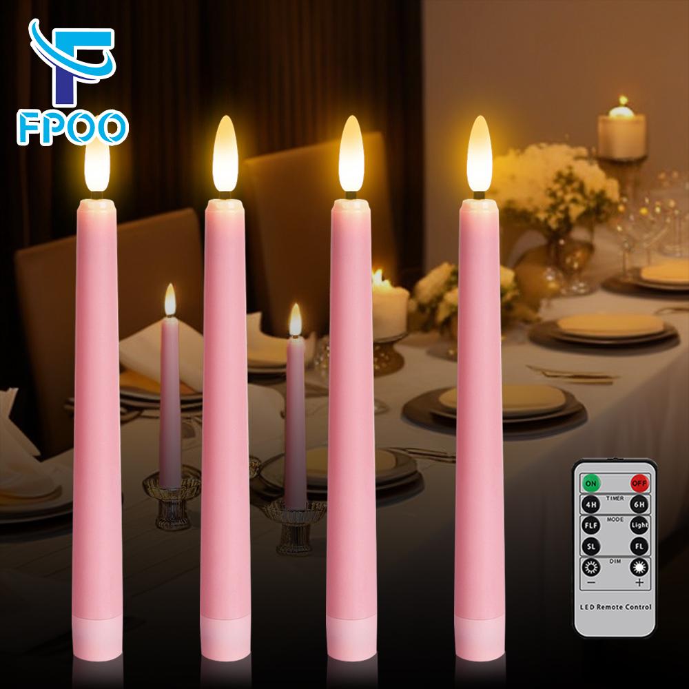 FPOO 4pcs LED Taper Candles Pink Flameless Wedding Candle Timer Remote Battery-operated Table Home Decoration Electronic Candle