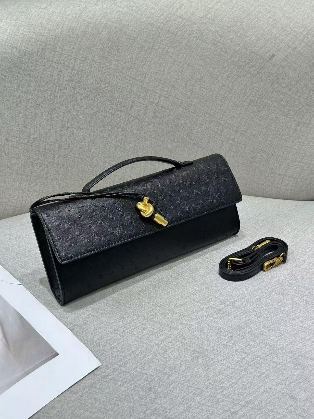 

Вечерняя сумочка-багет ручной работы с узором под страуса 2025 года - изысканная сумка через плечо и через плечо Regular (Hardware Source Logo) чёрный