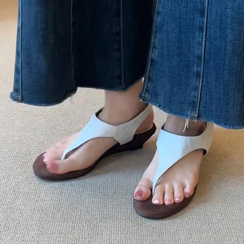 Sheepskin version~ genuine leather French wedge heel retro pinch sandals women's summer wear 2025 new non-tired Roman shoes