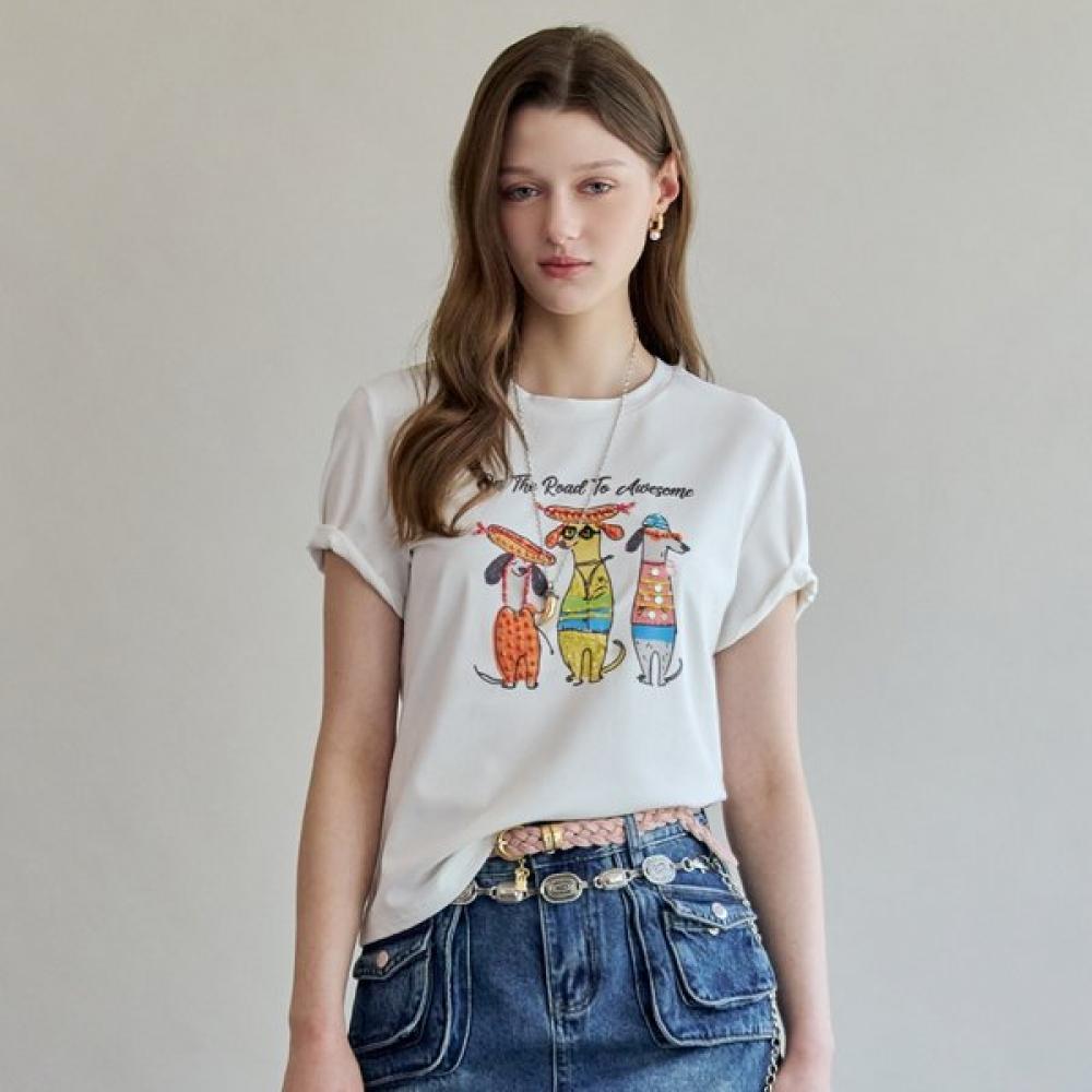 Maxza Handmade Beading Dog PrinT T shirT zf07qT005na white/FREE