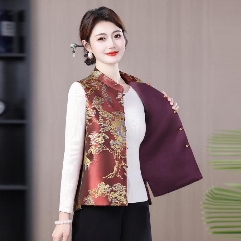 

Reversible Women s Chinese Embroidery Satin Vest - Mid-Aged & Elderly, Stand Collar, Spring/Autumn Style. 3XL (Weight: 62.5-67.5 kg)