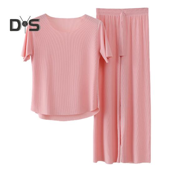 

2 шт./компл. женские пижамы бесшовные ледяной шелк с круглым вырезом и коротким рукавом сплошной цвет с эластичной резинкой на талии и широкими штанинами свободные мягкие дышащие домашние комплекты с верхом и брюками 3XL синий