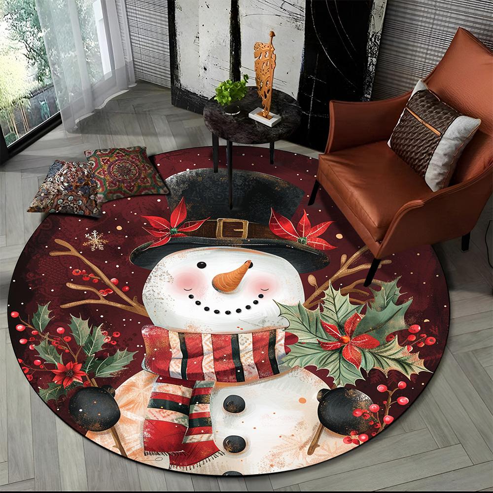 Cartoon Santa Claus Merry Christmas Snowman New Year Round Carpet Rug for Bedroom Living Room Sofa Decoration,Decor Floor Mat