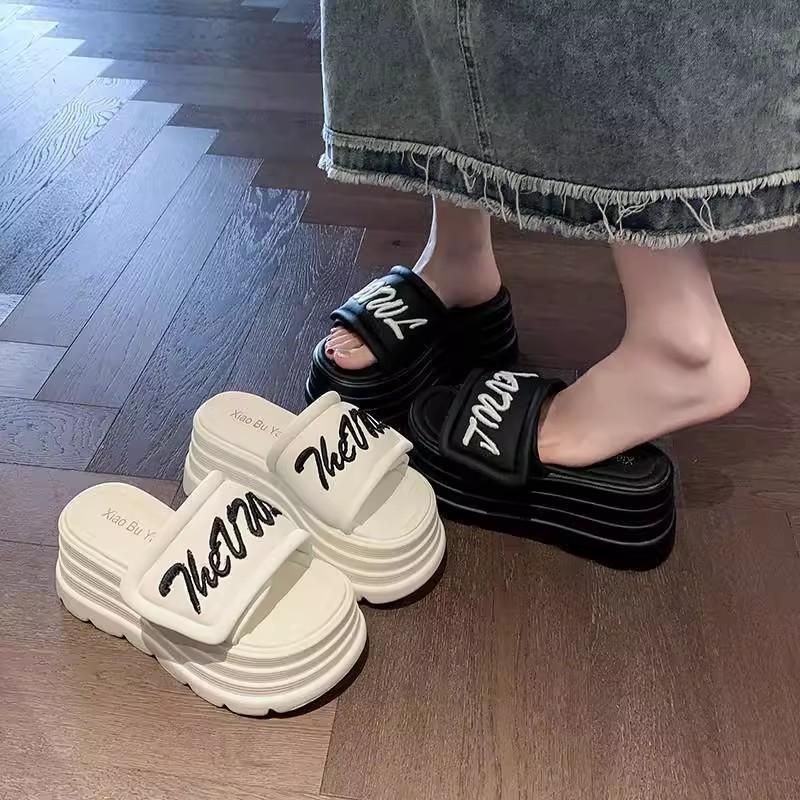 Summer new Velcro muffin thick bottom heightening one-word slippers women wear casual vacation cool slippers tide