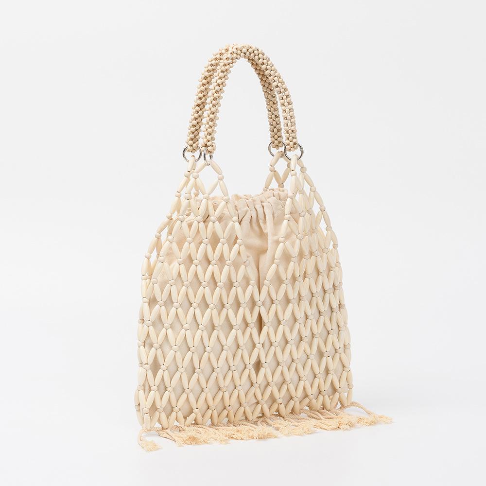 NEU Damen Gewebt Quasten Design Ausgeschnitten Holzperlen Tragetasche Eimer Schultertasche Damen Netzartiges Netzgewebe Strand Handtasche
