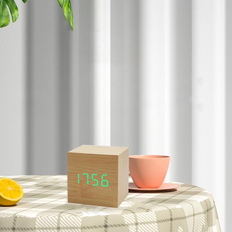 Wood Cube Voice Control Alarm Clock Bedside Table Square Clock Multipurpose for Children Bedroom Dormitory