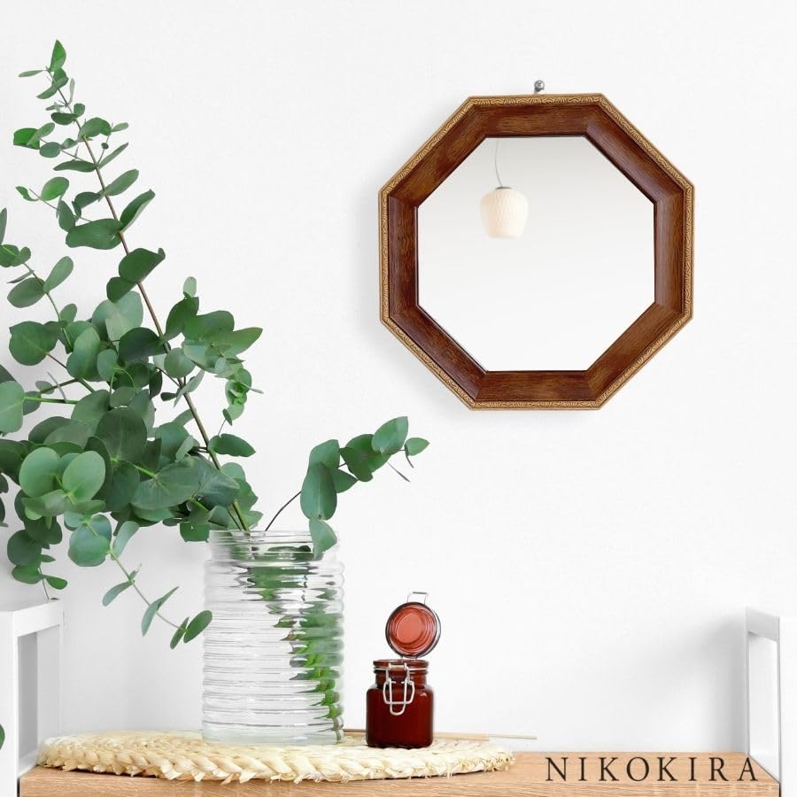 NIKOKIRA Moco Octagonal Tabletop Made in Japan Mirror, Wall-Mounted, 19.5cm, Small, Brown,