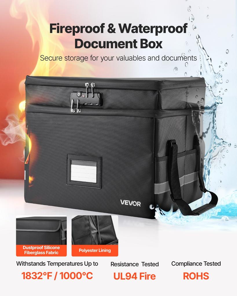VEVOR Fireproof Document Box, 1000 Degrees C Heat Insulated Fireproof & Waterproof Box with Lock