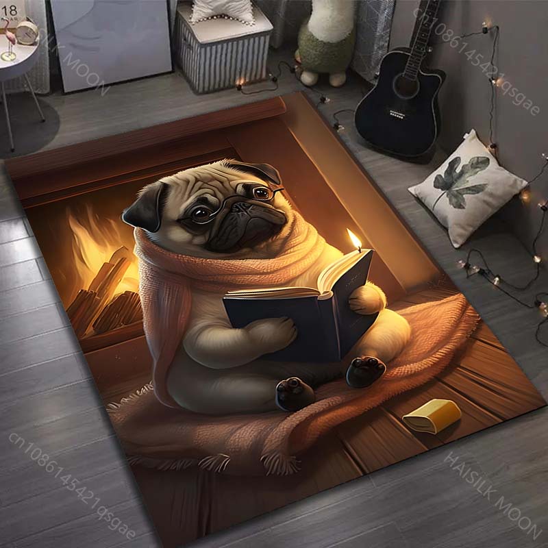 17 Stile Niedlicher Mops-Druck Teppich für Wohnzimmer Schlafzimmer Sofa Fußmatte Heimdekor Bereichsteppich Rutschfeste Bodenmatte Große Größe